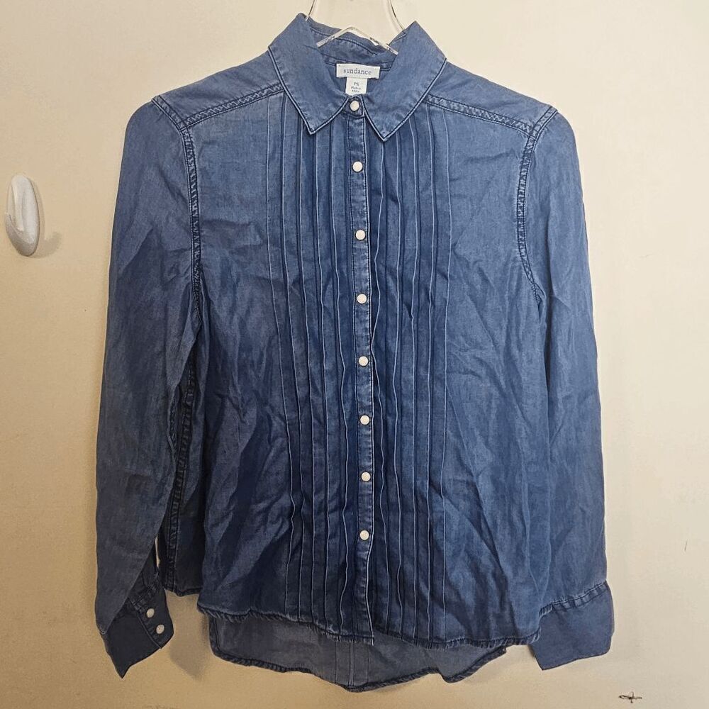 Sundance Pearl Snap Tessa Chambray Button Down Pintuck front Blouse Women's Blue